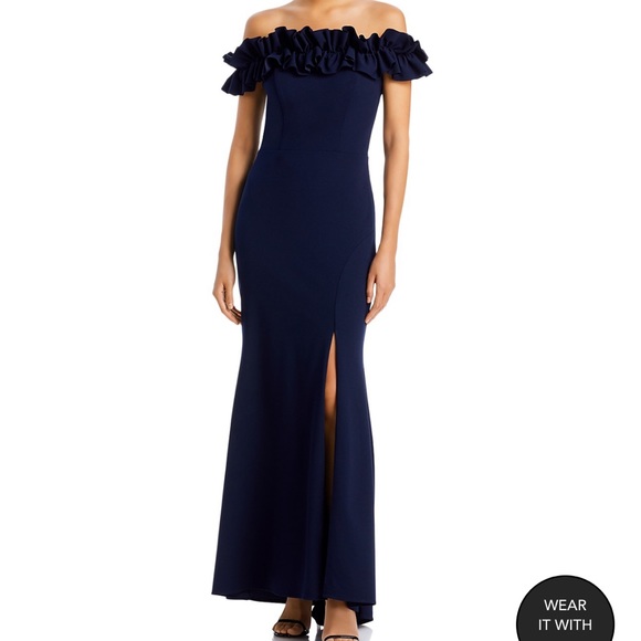 Navy Ruffled Off The Shoulder Formal Dress - Aqua Brand, size 6. Worn twice - Picture 2 of 8